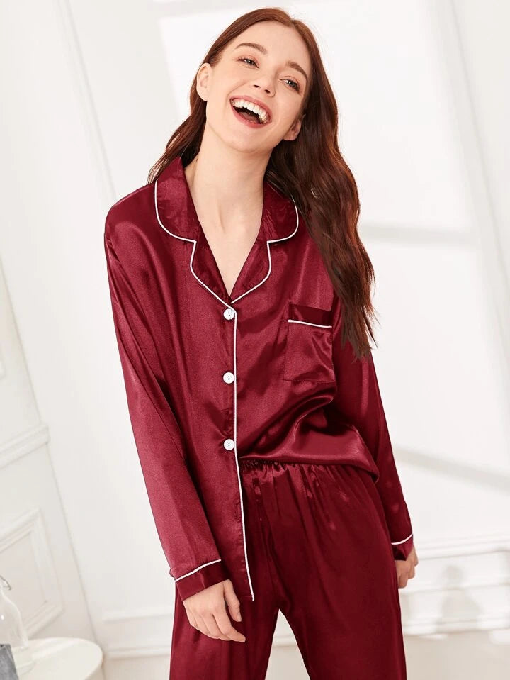 Maroon Plain Silk pjs with white piping trim