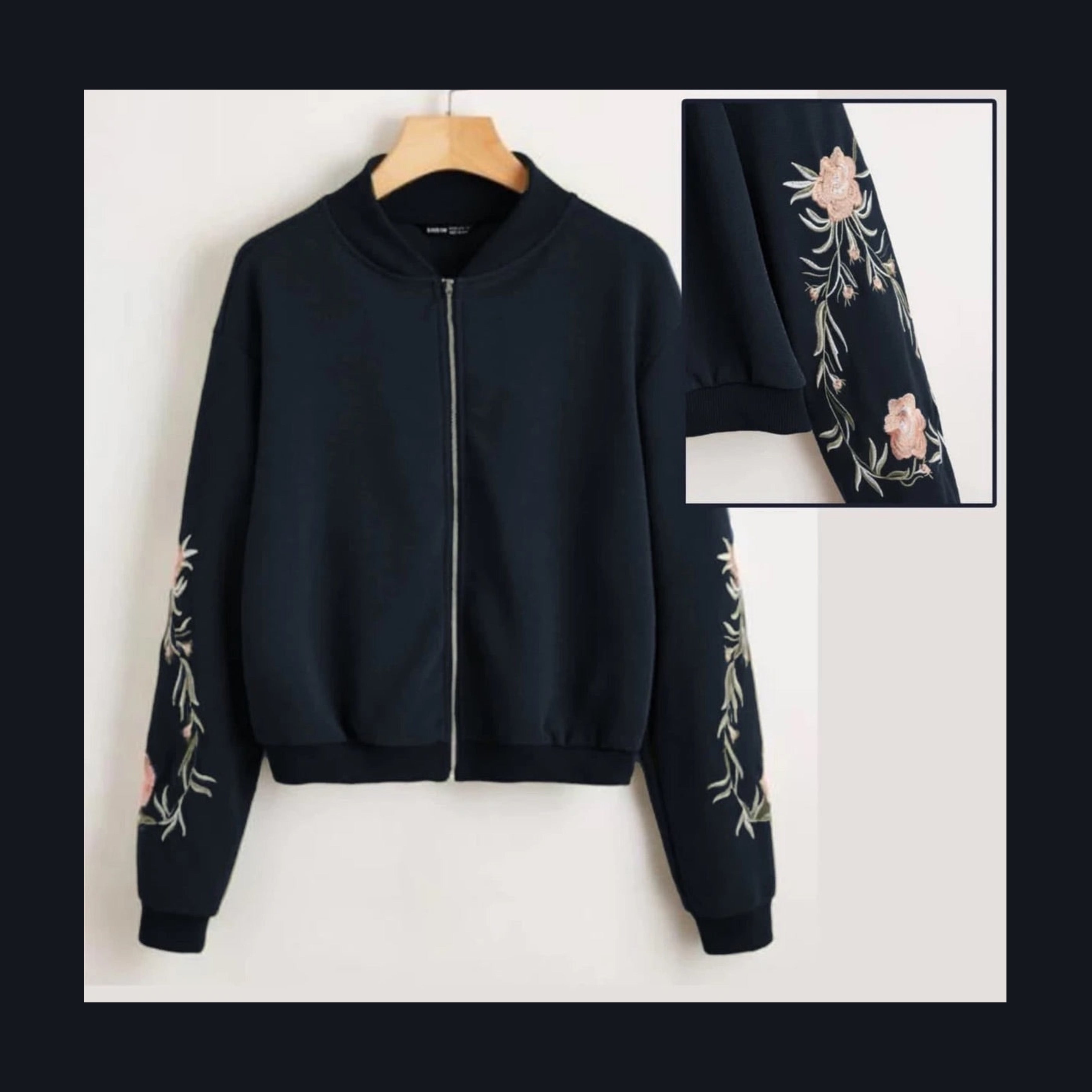 Embroidered Floral Detail Zip Up Bomber Jacket For Women