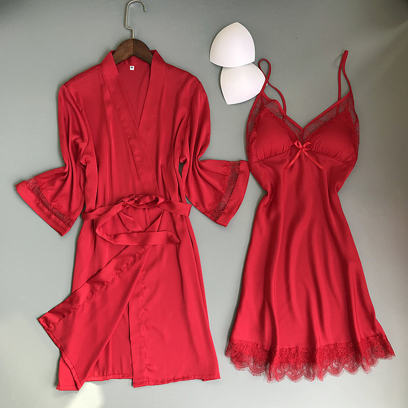 Red long silk padded cami gown with lace