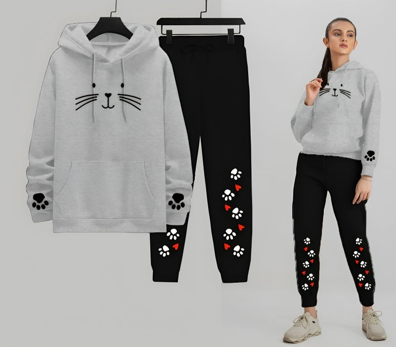 Meow Cat Printed Women Hoodie Trouser Tracksuit