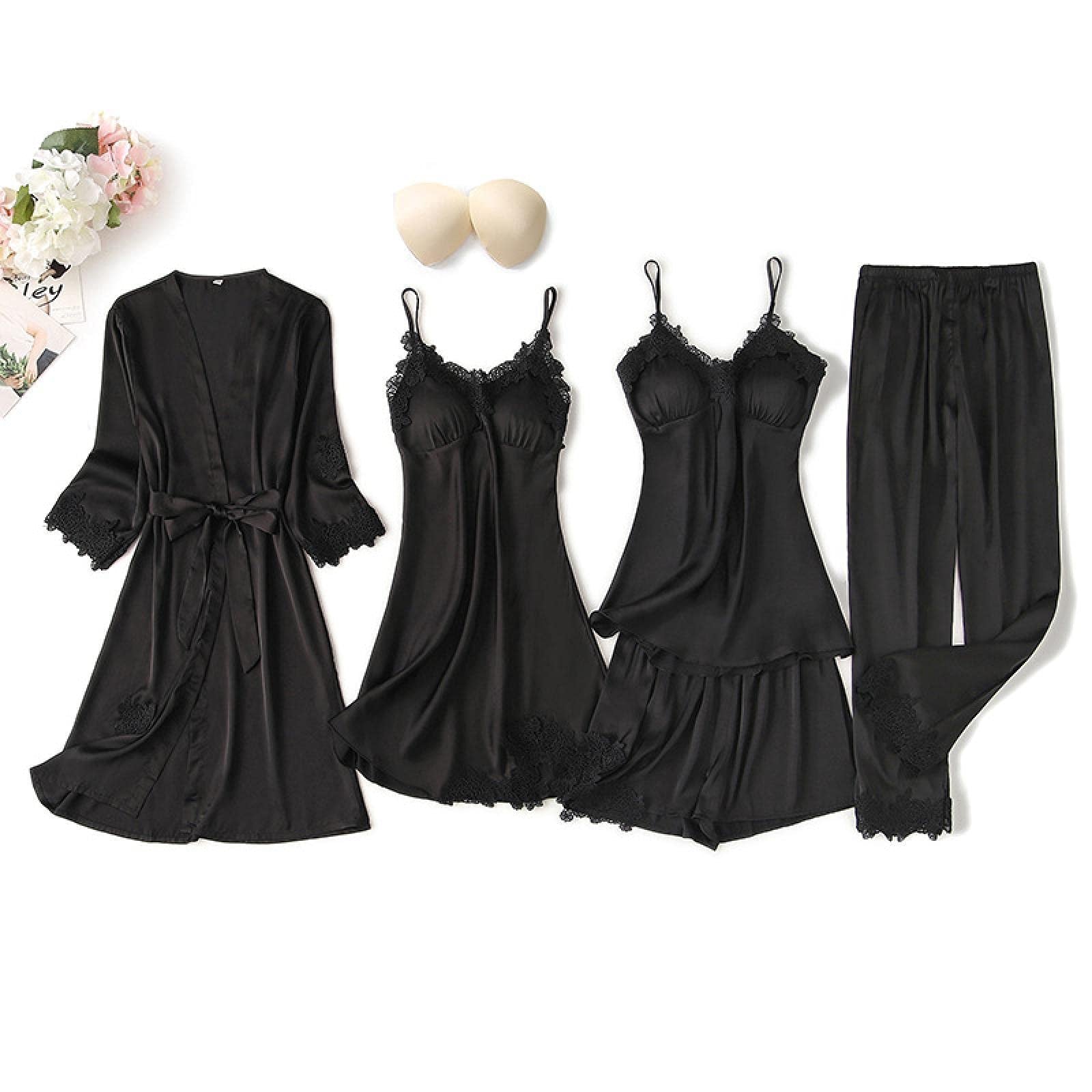 Womens Silk 5pc Black Laced Nighty Set