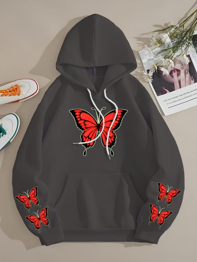 WINTER RED BUTTERFLY PRINTED FLEECE HOODIE