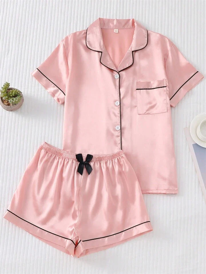 Pink Satin Silk Collar Shirt & Shorts 🩳