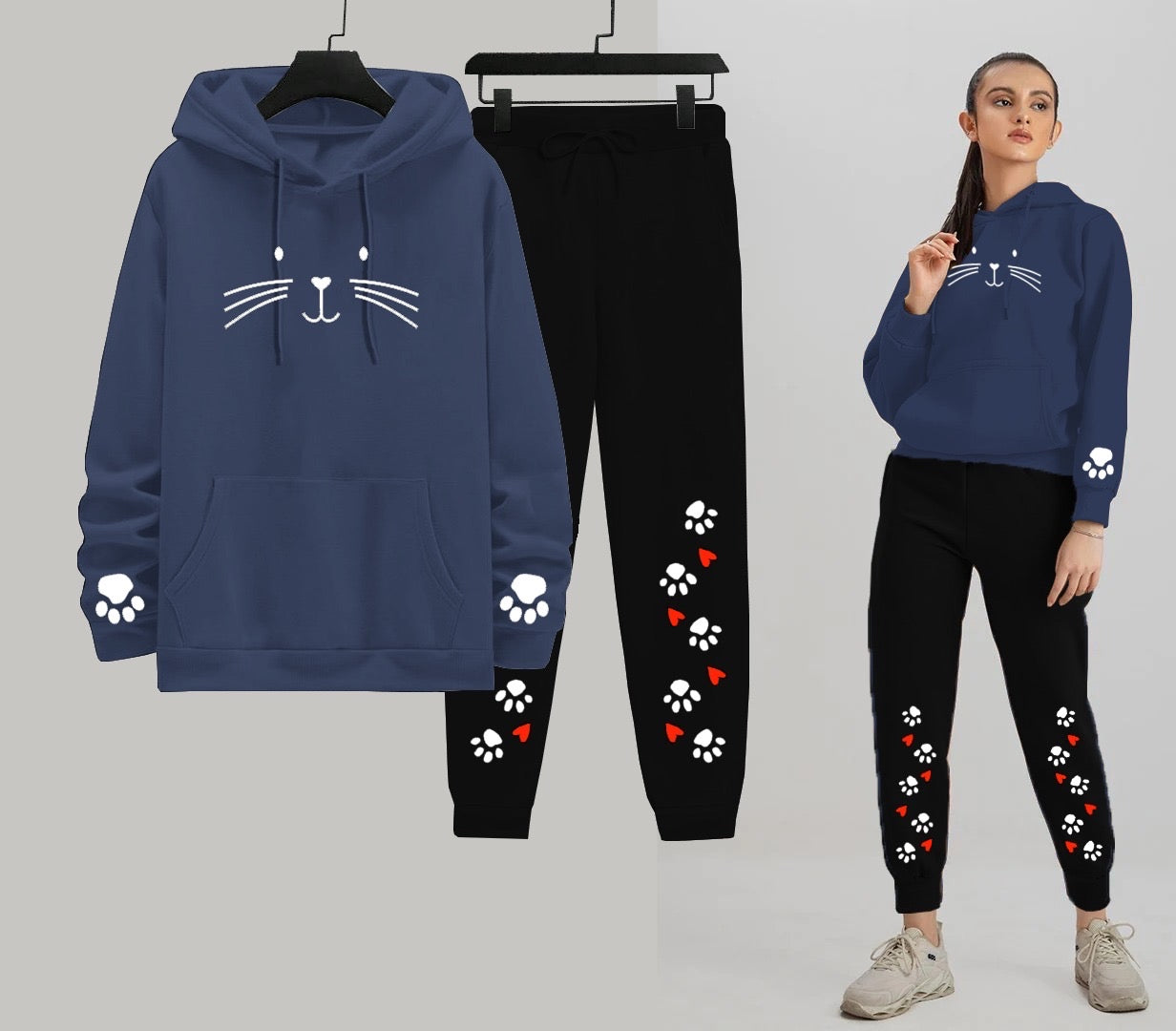 Meow Cat Printed Women Hoodie Trouser Tracksuit