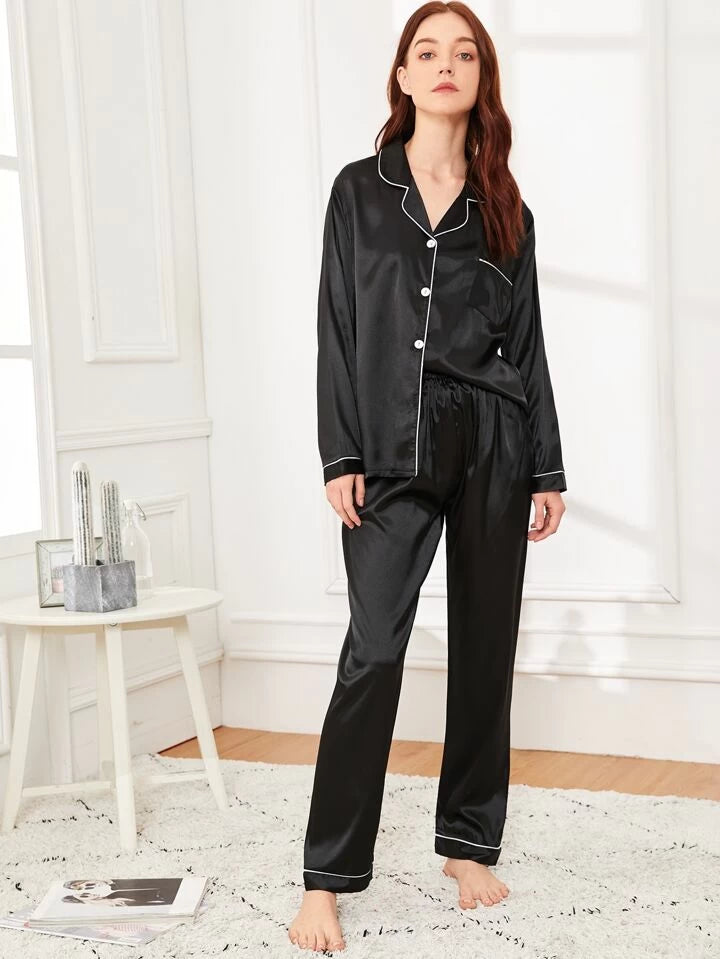 Black Silk pjs with white piping trim