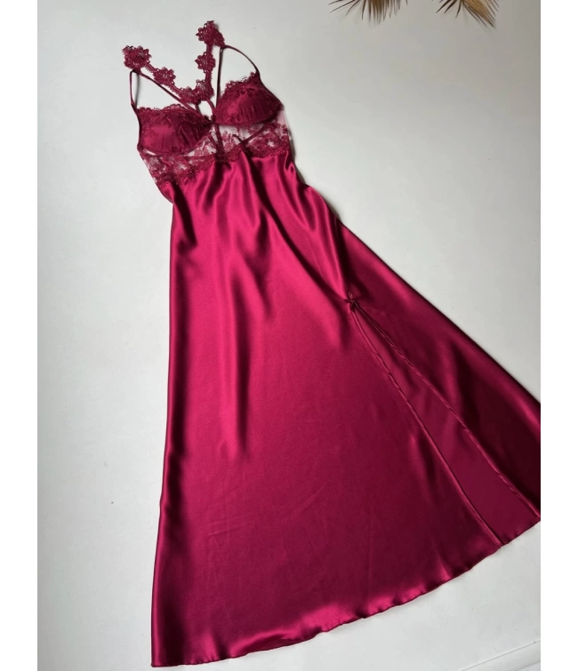 Maroon 6 PCS LONG SLIT SILK NIGHTY SET