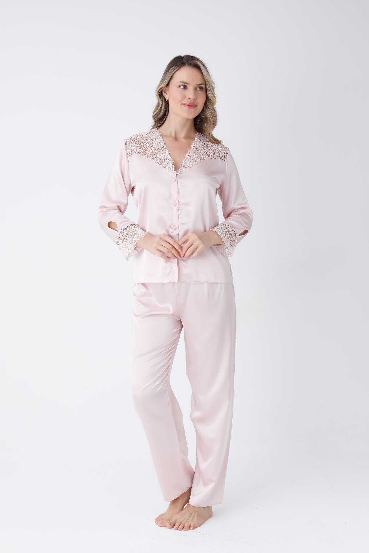 Powder Guipure Detailed 6-Piece Satin Nightgown Dressing Gown Set