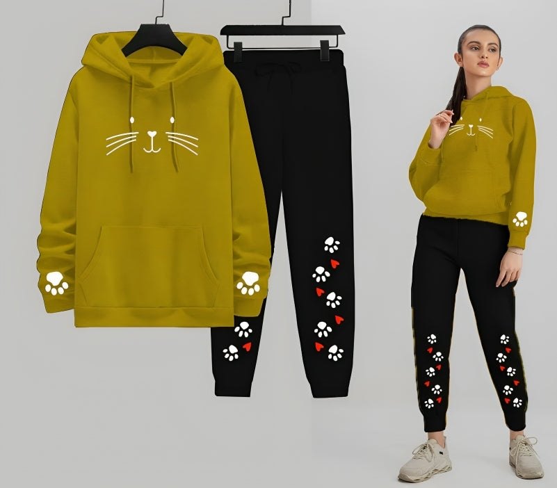 Meow Cat Printed Women Hoodie Trouser Tracksuit