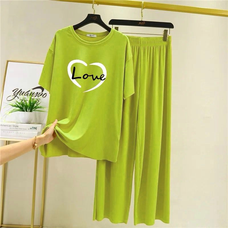 Highlight Green Trendy Love Printed Half Sleeves Pajama Lounge Wear