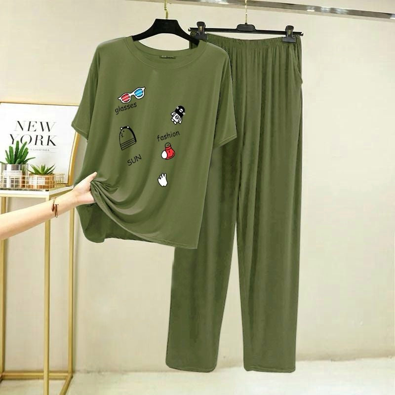 Glasses Fashion Dark Green Printed Lounge Wear For Women