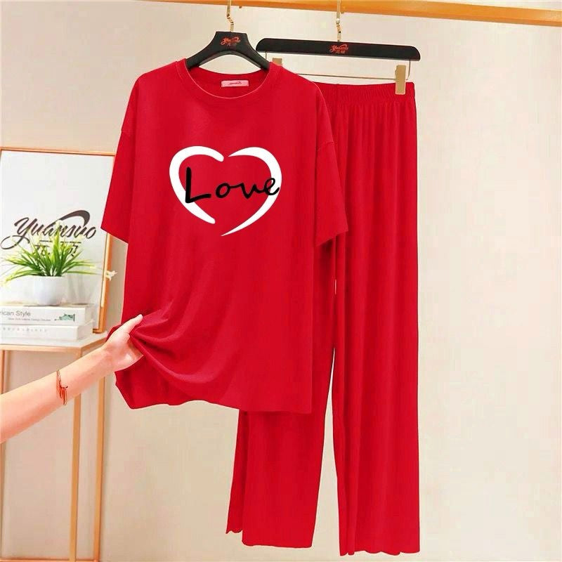 Highlight Red Love Printed Half Sleeves Lounge Wear For Women