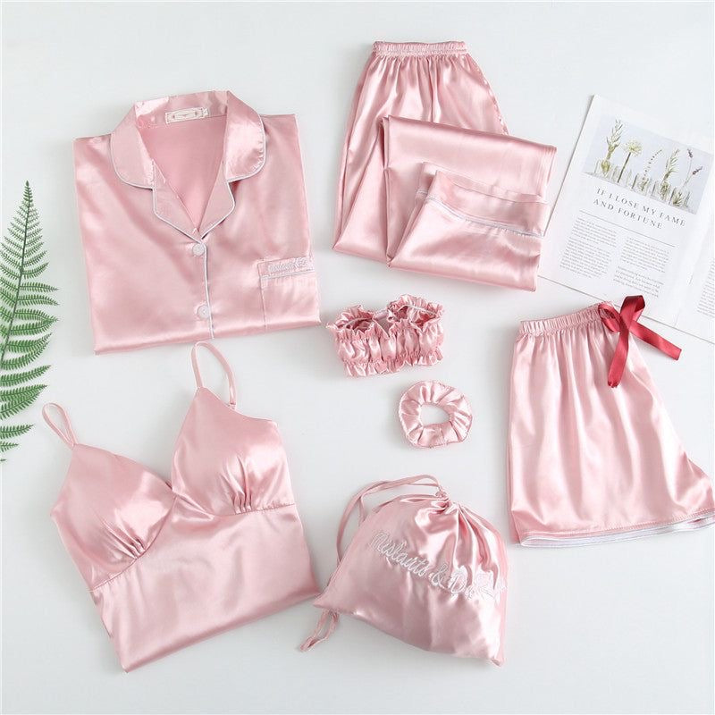 Bridal 7 pcs Pink Silk padded cami, shorts, shirt, trousers, pony, and bag