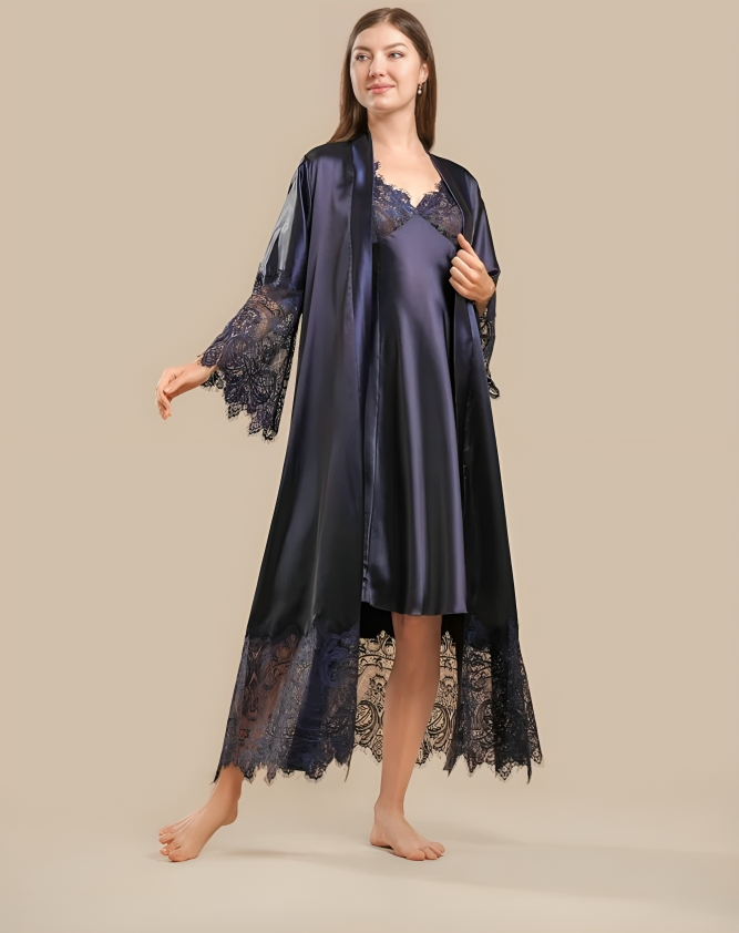 Long Satin & Lace Nightdress & Robe Set - Purple