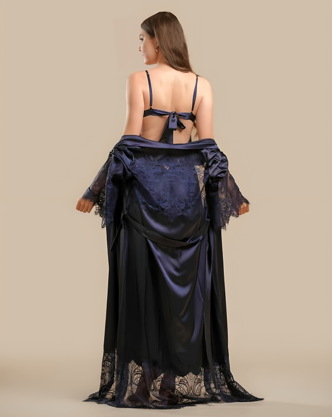 Long Satin & Lace Nightdress & Robe Set - Purple