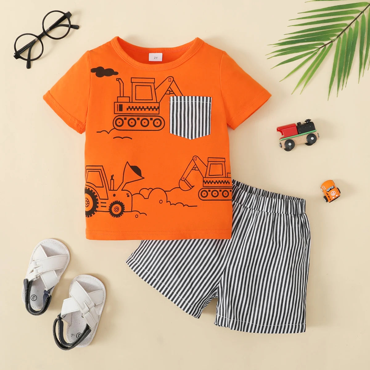 Orange Playful Vehicle Printed Kids Short Sleeve Kids Wear