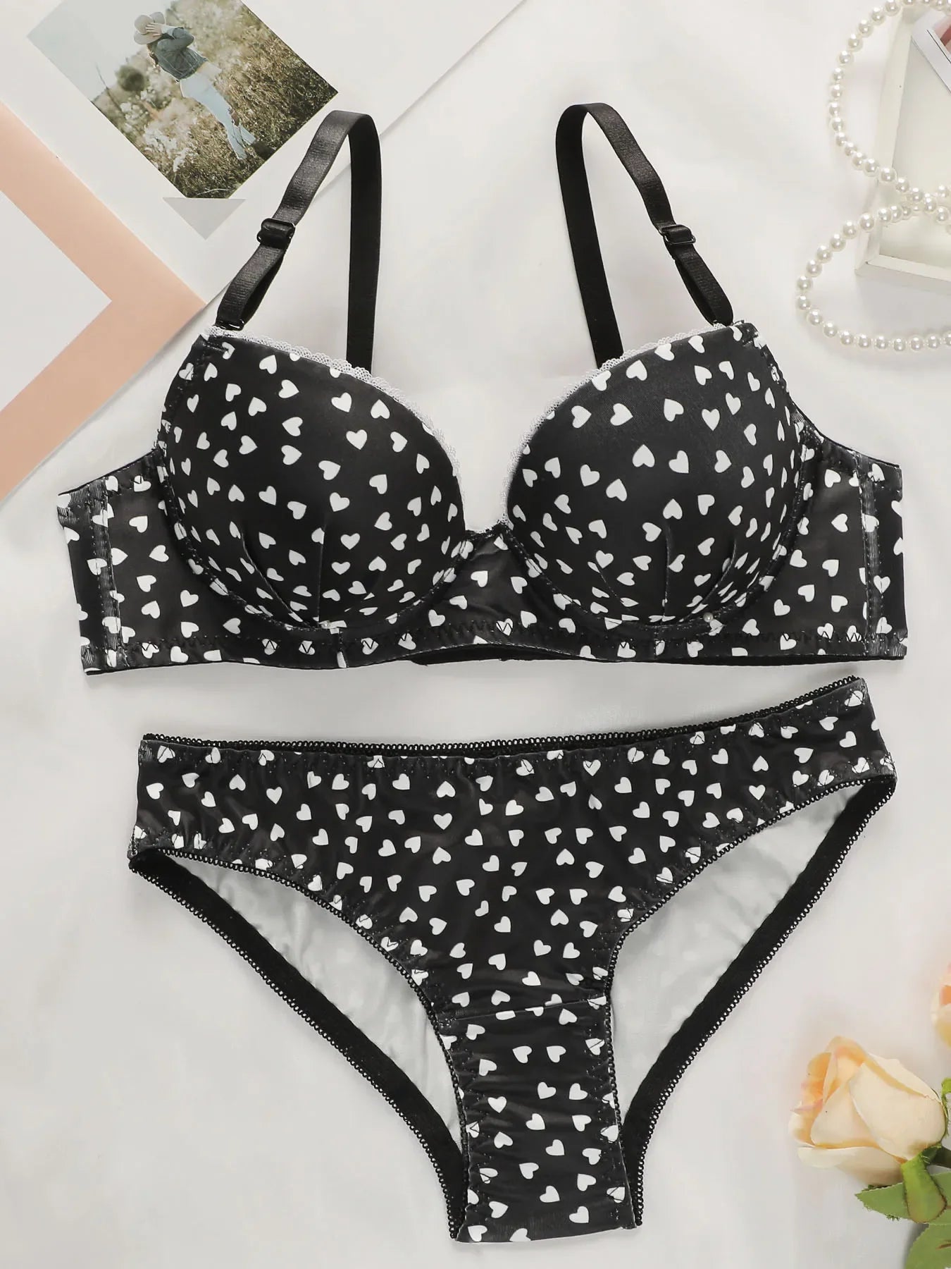 Hearts Printed Padded Bra and Panty Set