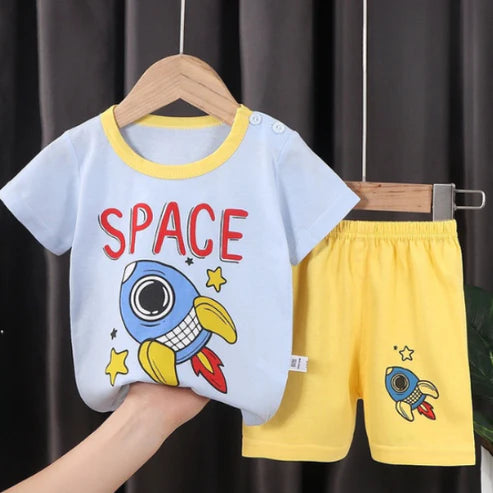 Sky Blue Rocket Printed Kids Short Sleeve Kids Wear