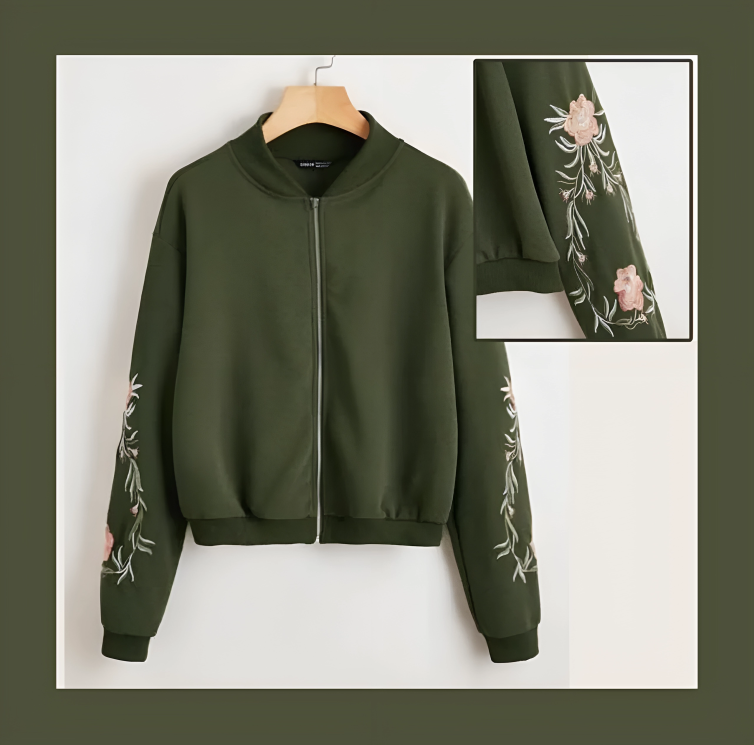 Embroidered Floral Detail Zip Up Bomber Jacket For Women