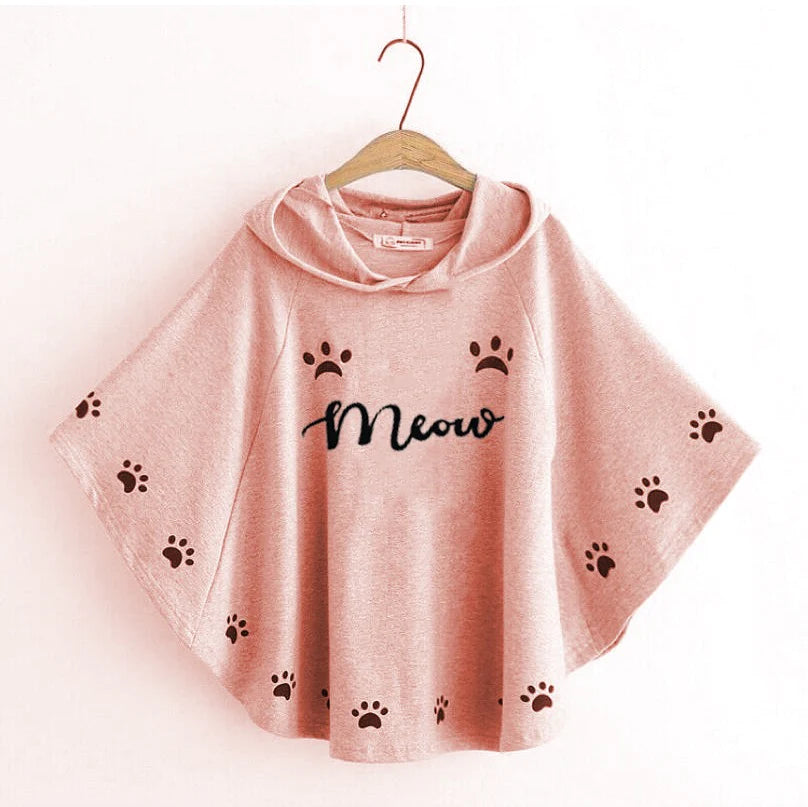 Meow Printed Hood Cape Poncho