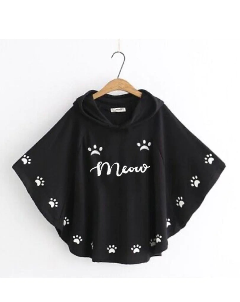 Meow Printed Hood Cape Poncho