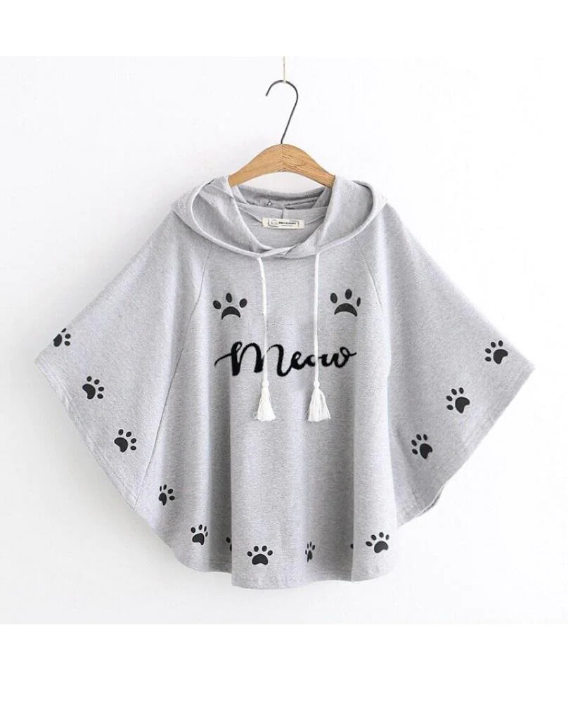 Meow Printed Hood Cape Poncho