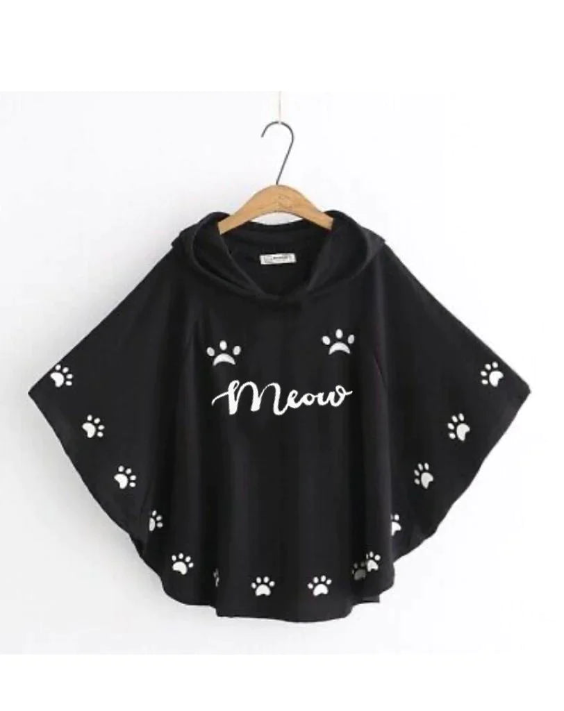 Meow Printed Hood Cape Poncho