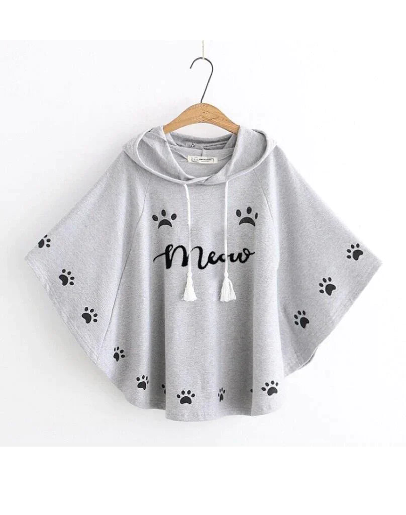 Meow Printed Hood Cape Poncho