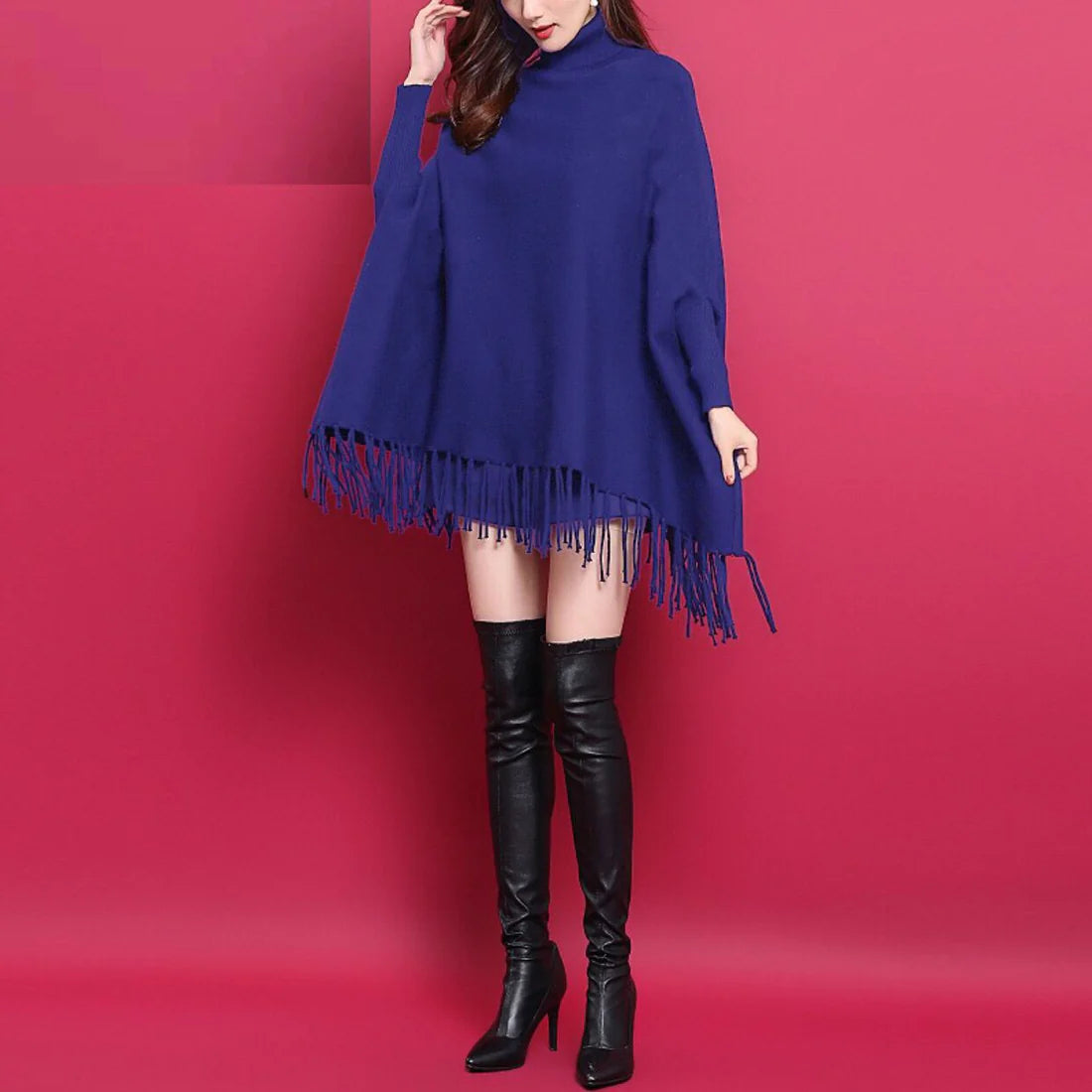 Fashion Women Autumn High Neck Loose Cape Bat Shirt Tassel Warm Shawl Poncho