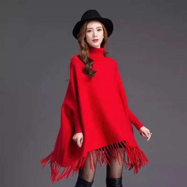 Red Fashion Women Autumn High Neck Loose Cape Bat Shirt Tassel Warm Shawl Poncho