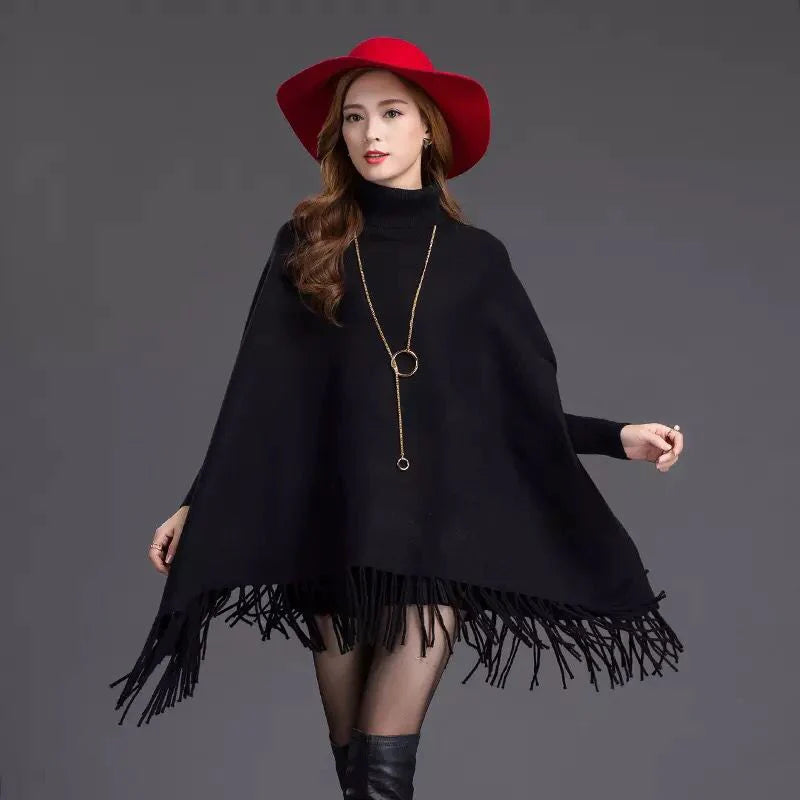 Black Fashion Women Autumn High Neck Loose Cape Bat Shirt Tassel Warm Shawl Poncho