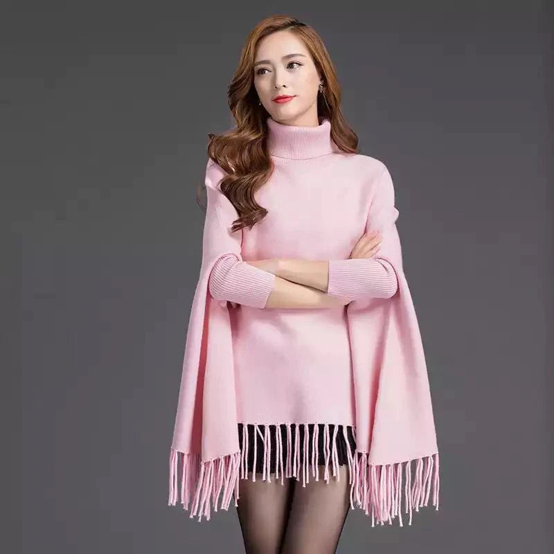 Pink Fashion Women Autumn High Neck Loose Cape Bat Shirt Tassel Warm Shawl Poncho