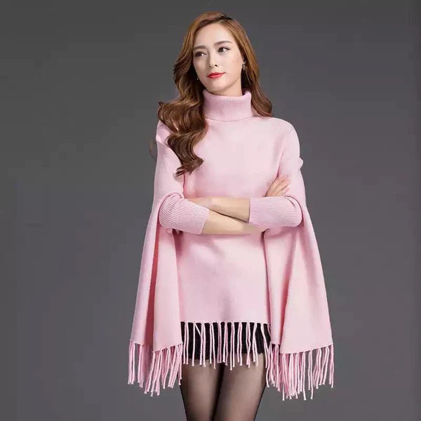 Fashion Women Autumn High Neck Loose Cape Bat Shirt Tassel Warm Shawl Poncho