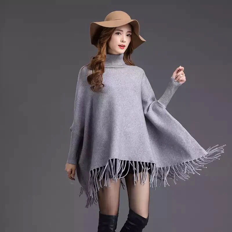 Grey Fashion Women Autumn High Neck Loose Cape Bat Shirt Tassel Warm Shawl Poncho