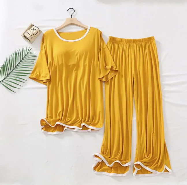 Half sleeves yellow with white round neck Pajama Night Suit