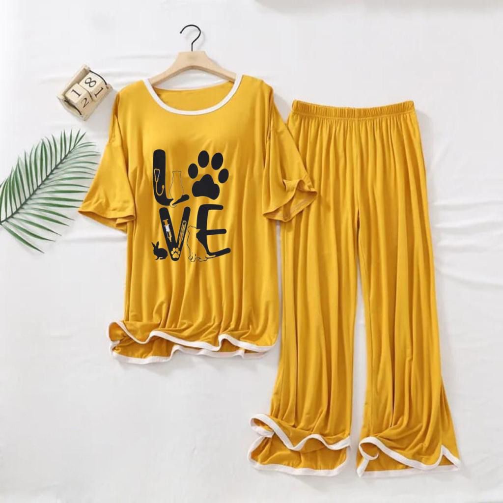 Love Printed Half sleeves Yellow with white round neck Palazzo Pajama Night Suit