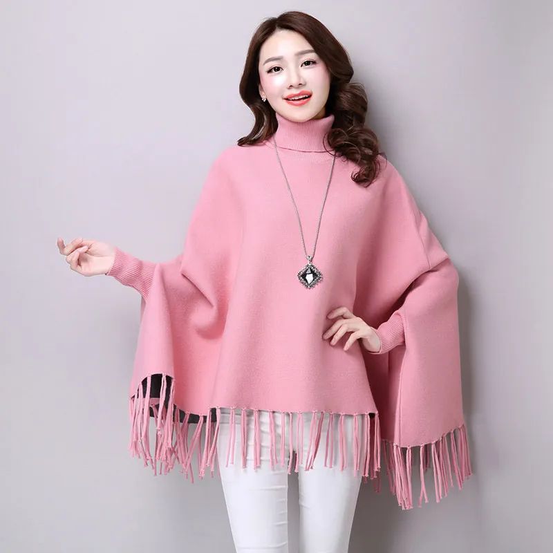 Pink Fashion Women Autumn High Neck Loose Cape Bat Shirt Tassel Warm Shawl Poncho