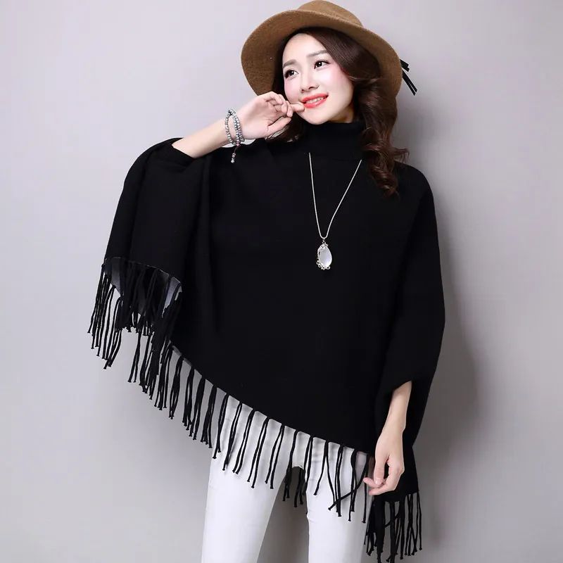 Black Fashion Women Autumn High Neck Loose Cape Bat Shirt Tassel Warm Shawl Poncho