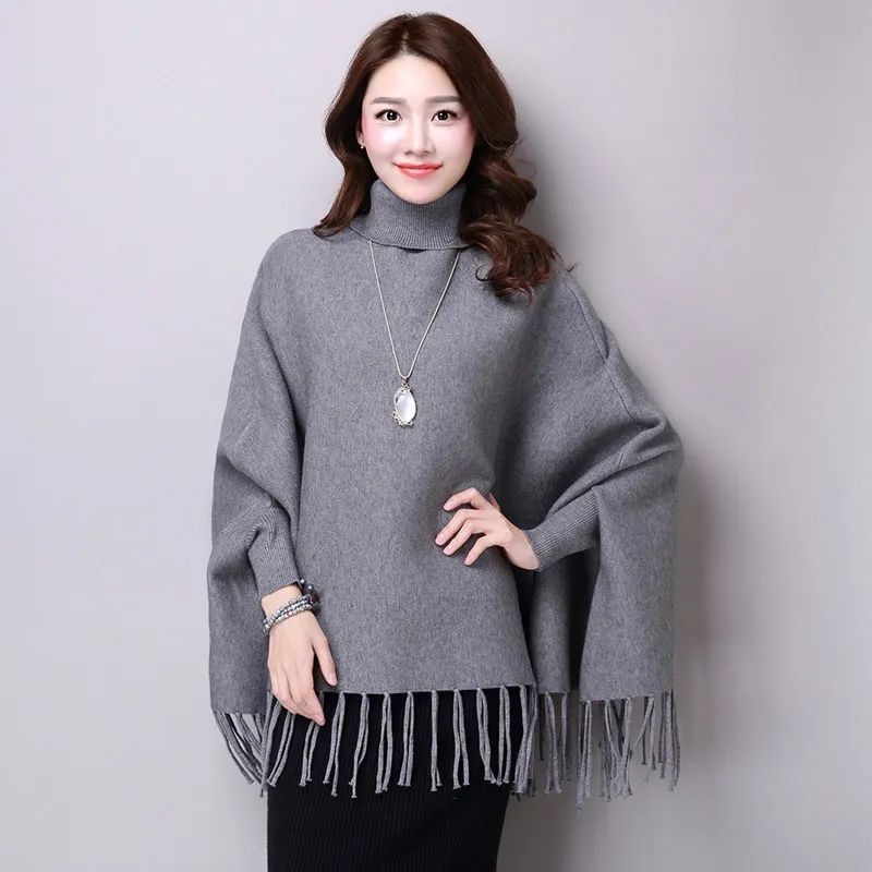 Grey Fashion Women Autumn High Neck Loose Cape Bat Shirt Tassel Warm Shawl Poncho