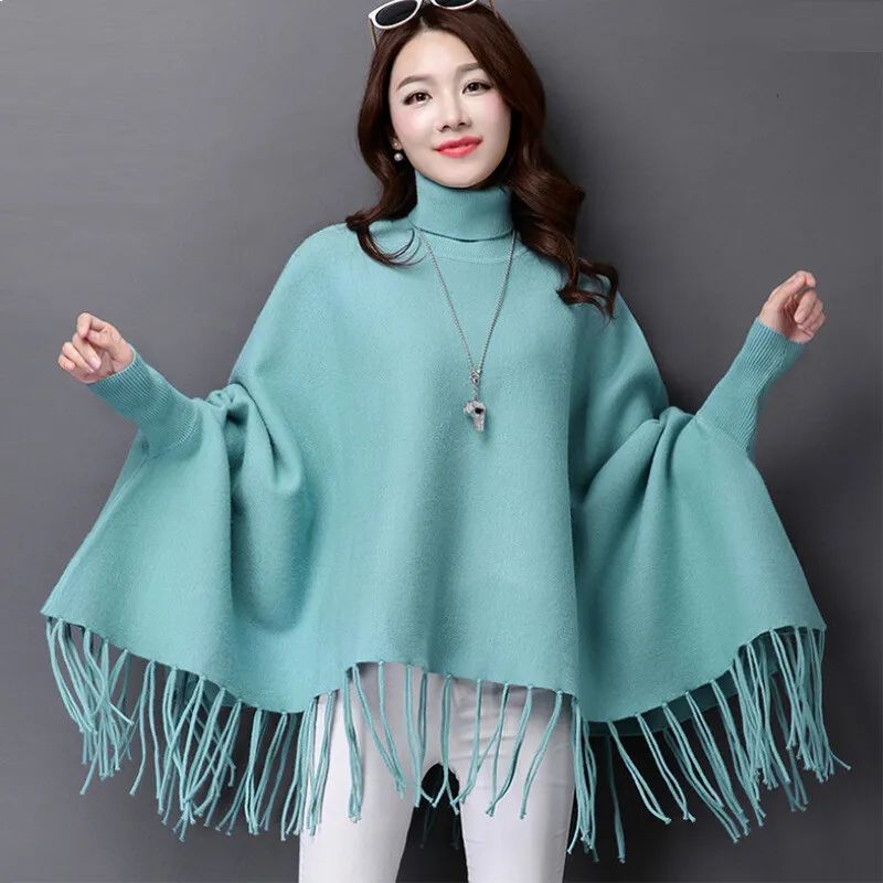 Sea Blue Fashion Women Autumn High Neck Loose Cape Bat Shirt Tassel Warm Shawl Poncho