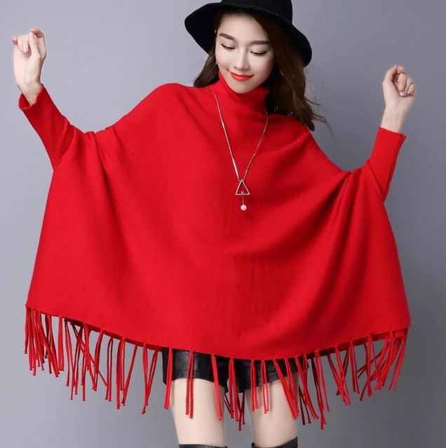 Red Fashion Women Autumn High Neck Loose Cape Bat Shirt Tassel Warm Shawl Poncho