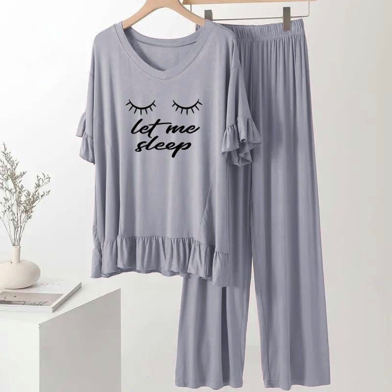 Grey Let Me Sleep Frill Style Half Sleeves Printed Lounge Wear