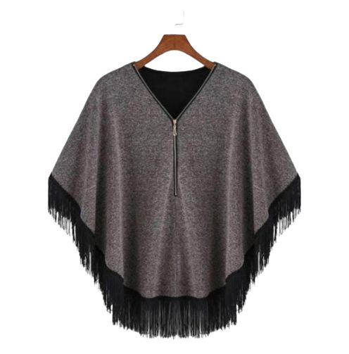 Grey Women Zipper Cape Poncho