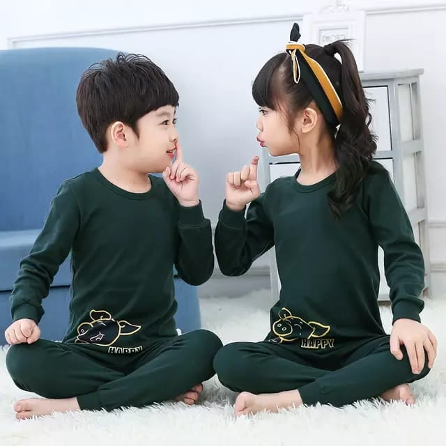 Green Happy Printed Kids Night Wear