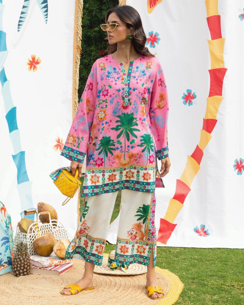 Palm Print Summer Suit with Embroidered Details