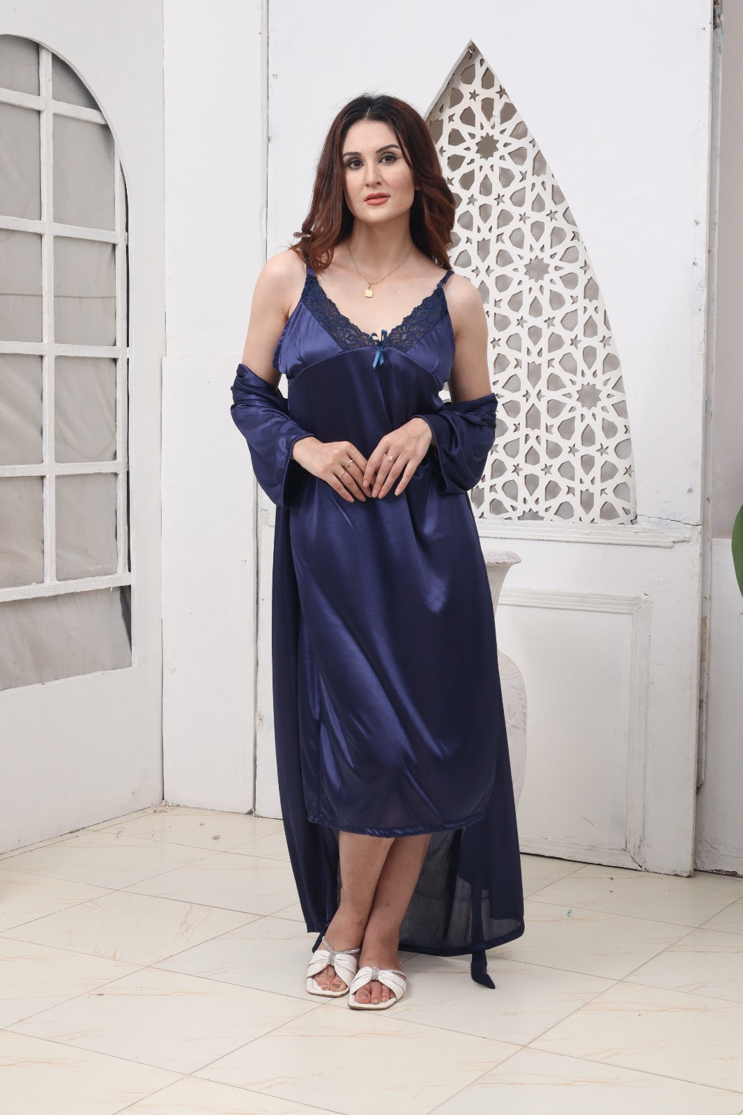 Latest Navy Blue 5 PCS LONG SLIT SILK NIGHTY SET - 2024