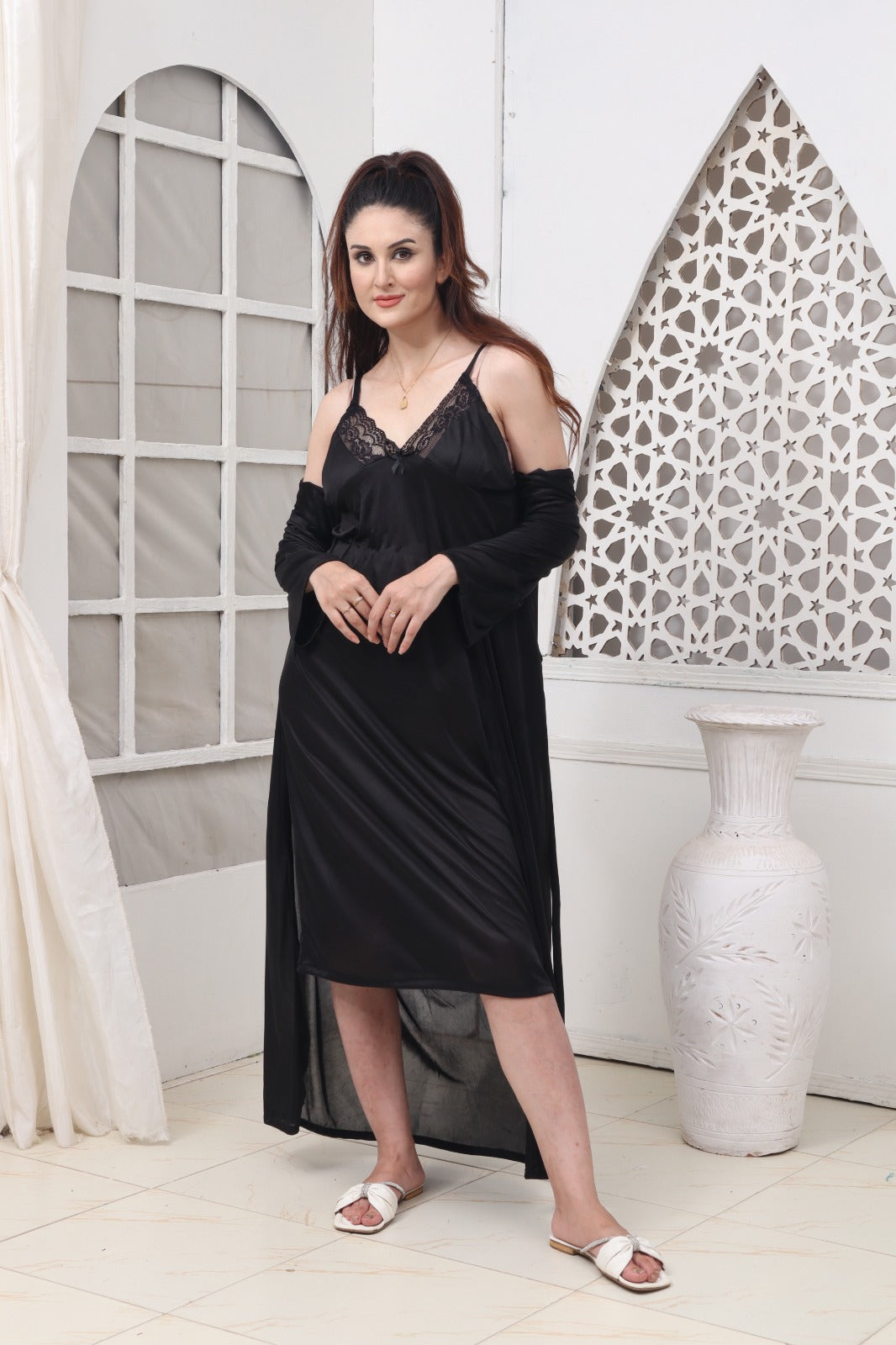 Black 5 PCS LONG SLIT SILK NIGHTY SET