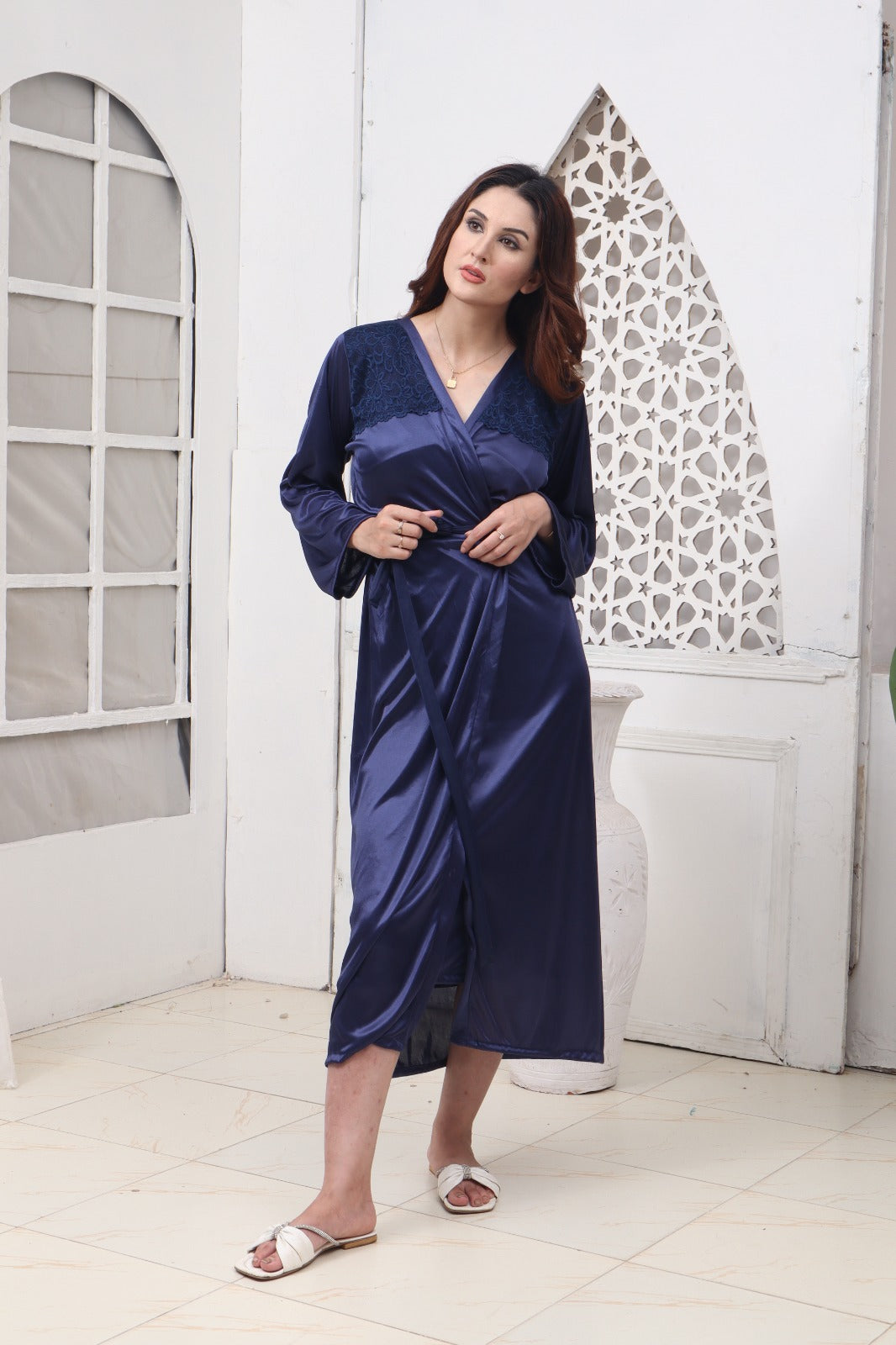 Latest Navy Blue 5 PCS LONG SLIT SILK NIGHTY SET - 2024