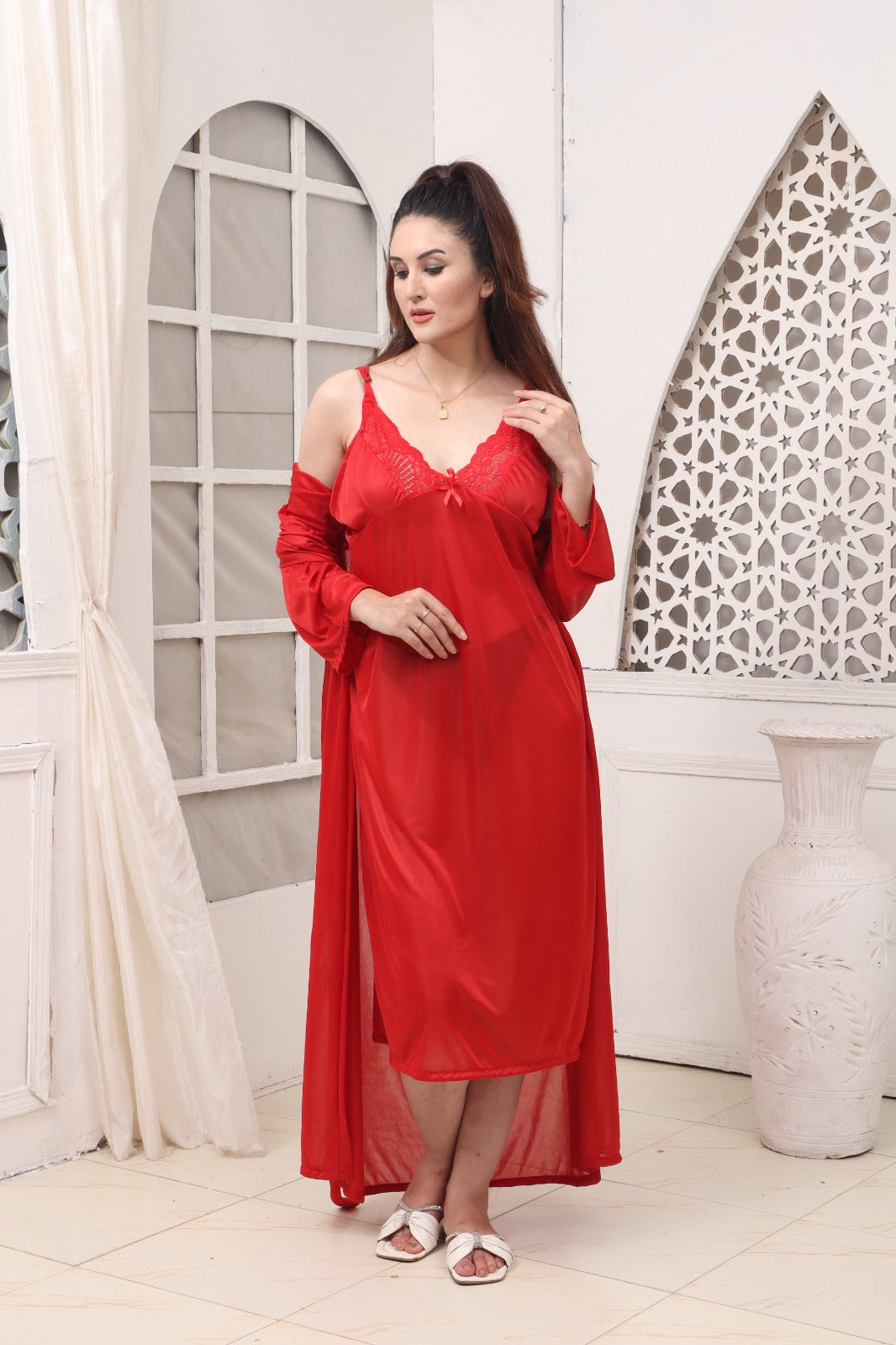 Red 5 PCS LONG SLIT SILK NIGHTY SET