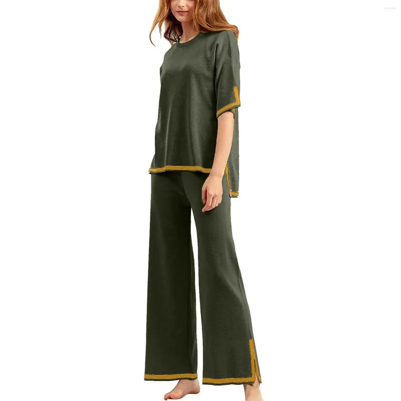 GREEN SLIT SHORT SLEEVE WITH PALAZZO FOR WOMEN PJ SET