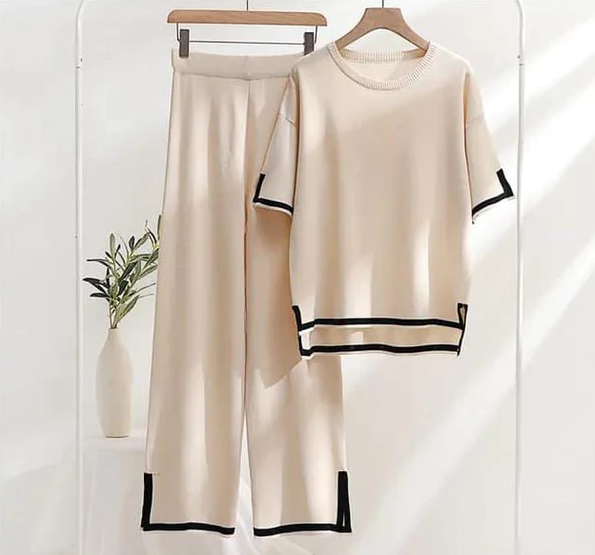 Cream Black Slit Short Sleeve with Palazzo For Women PJ Set